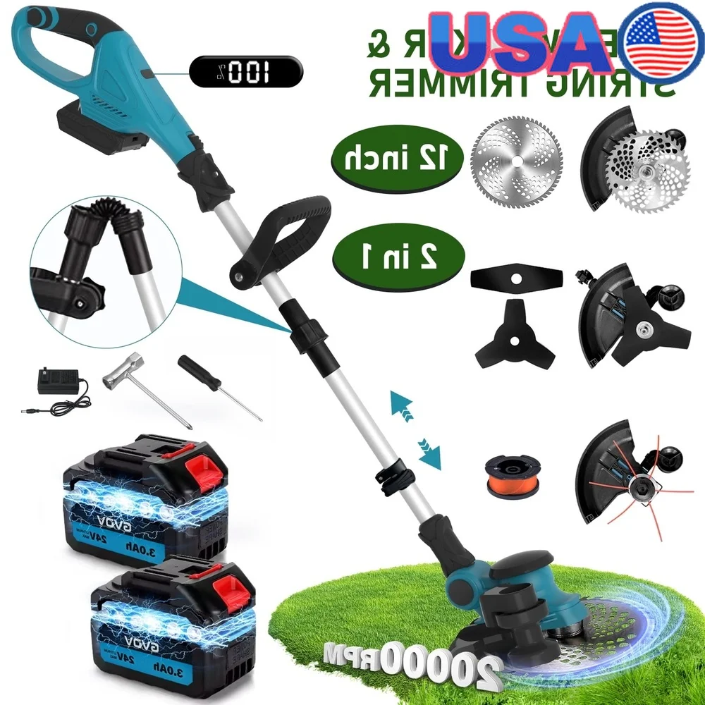 

2 в 1 триммер для сорняков Wacker, регулируемая длина, легкий кромкорез для газона, бесщеточный двигатель, батареи 24 В, не спутывающийся дизайн