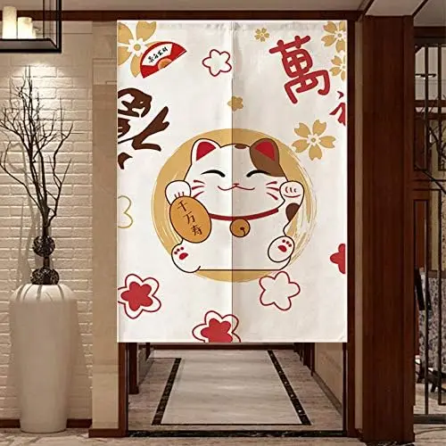 Lucky Cat Noren Japanese Curtain - Charming Entrance Decor for Home & Shop, Traditional Style, Ideal for Doorway & Window