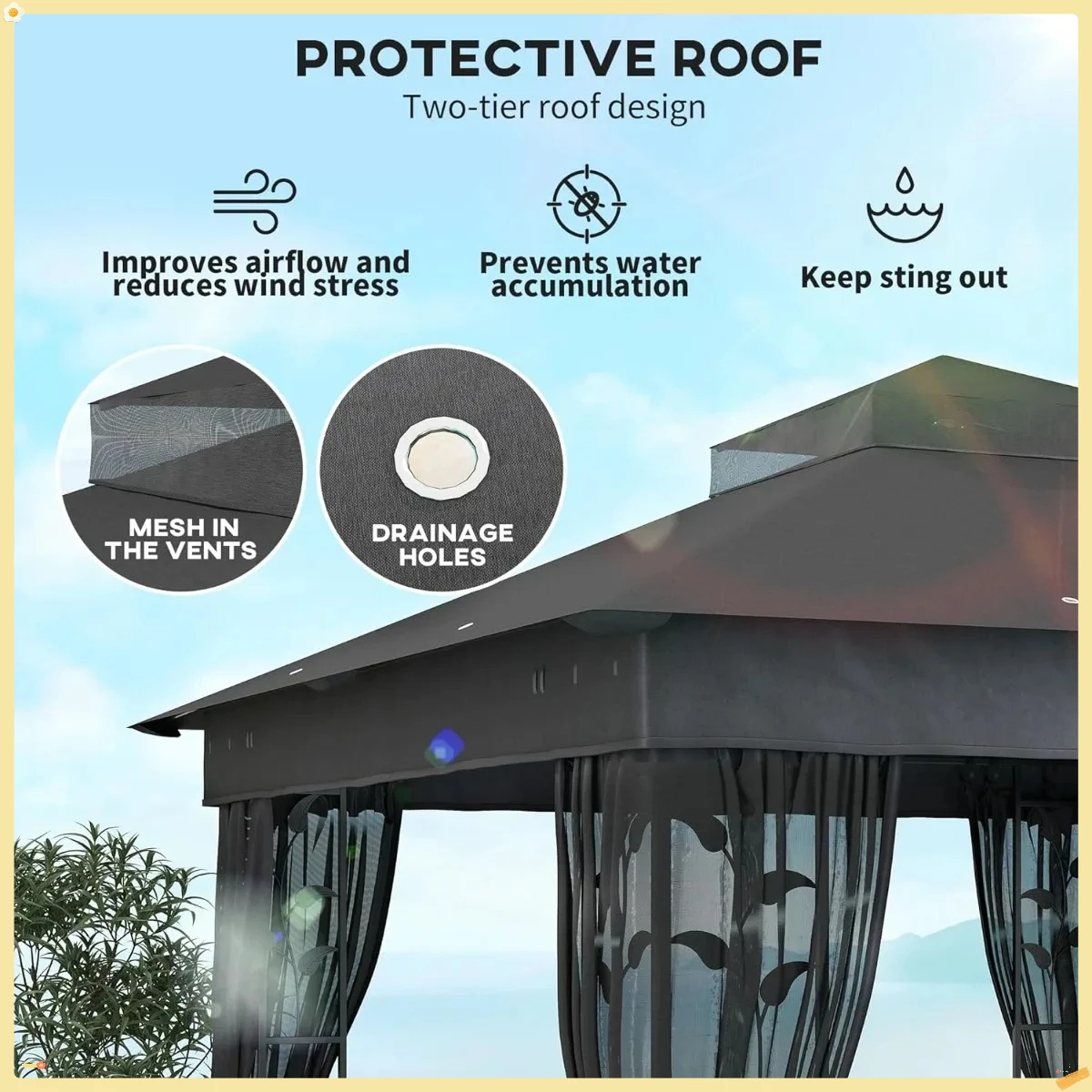 شرفة خارجية مع أرفف وشبكات، مأوى مظلة للفناء بسقف مزدوج، UV30+ محمي للحديقة والفناء الخلفي والسطح