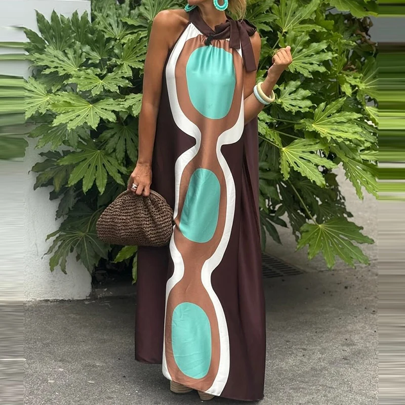 Verão elegante o-pescoço rendas vestido de férias feminino casual sem mangas solto vestido de festa moda padrão impresso bohe vestido longo