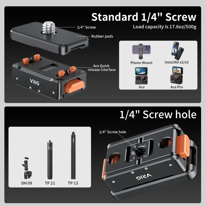 Adaptador magnético de liberação rápida UURIG VRIG para montagem de tripé de câmera de ação Insta360 Ace/ Pro com suporte de extensão de 1/4"