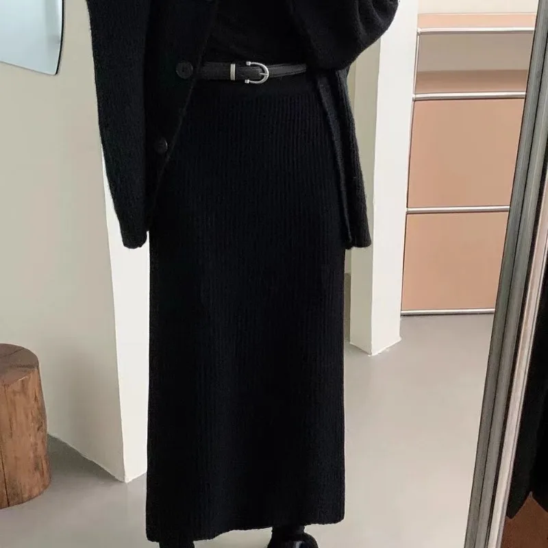 OCEANLOVE Knitted Long Skirts Solid Autumn Winter Korean Fashion Faldas Mujer Thick Chic A-line Elegant Basics Women Skirt