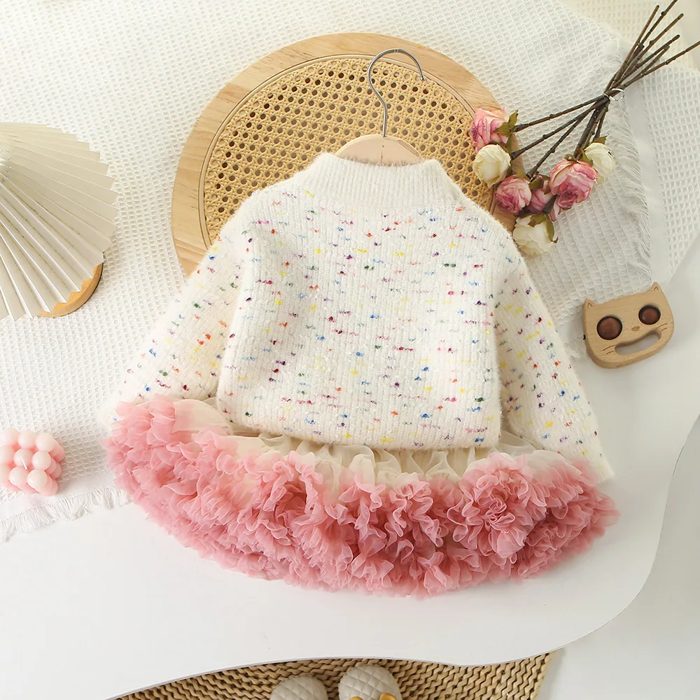 2024 Neues Kinderkleidungsset, 2-teilig, Pullover-Anzug, 3D-Herz-Strickpullover und Tüllrock, Mädchen-Kleidungsset – Detail 4