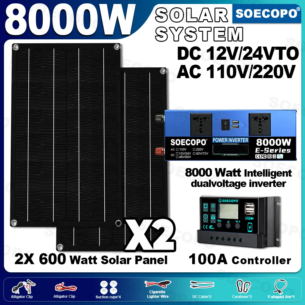 SOECOPO 8000W Peak Solar Power Set 2×600W Panels 2 Sockets 12V 24V To 110V 220V Inverter 100A Controller for Camping Home Car