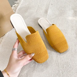 Woman Flats Mules Shoes Outdoor Women Slippers Female Square Toe Shallow Low-heel Casual Shoes Comfortable Sandals Flip Flops