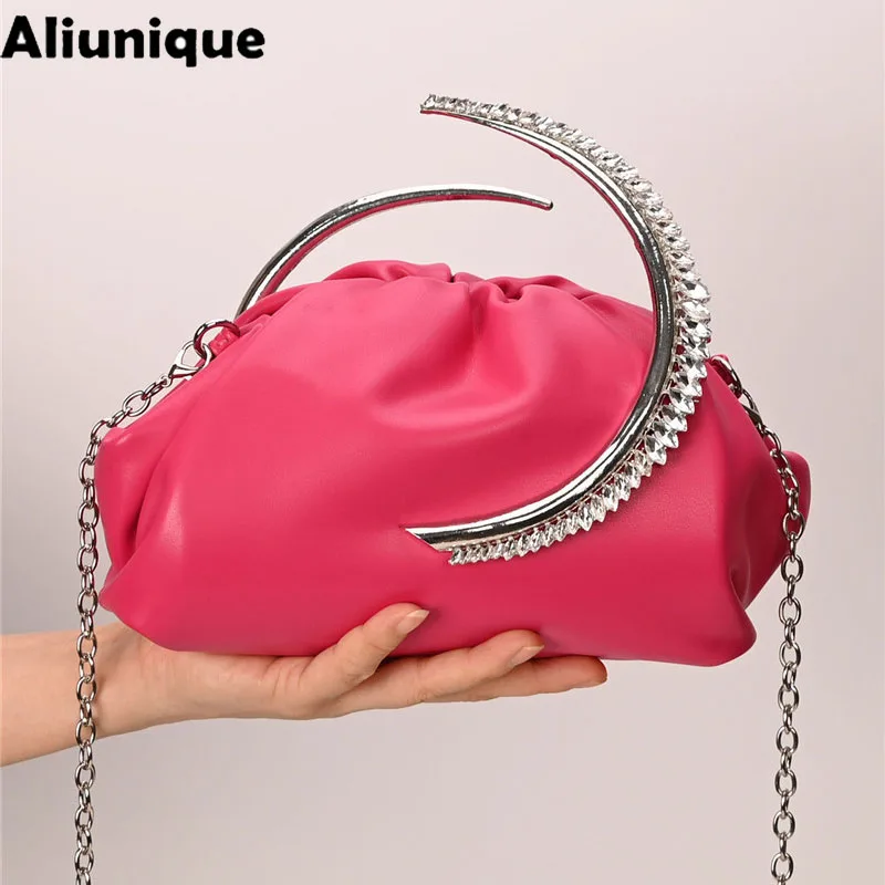 Luxury Rhinestone Crescent Handle Pleated Cloud Bag Women New Soft PU Chain Crossbody Bag Fashion Versatile Shoulder Handbag