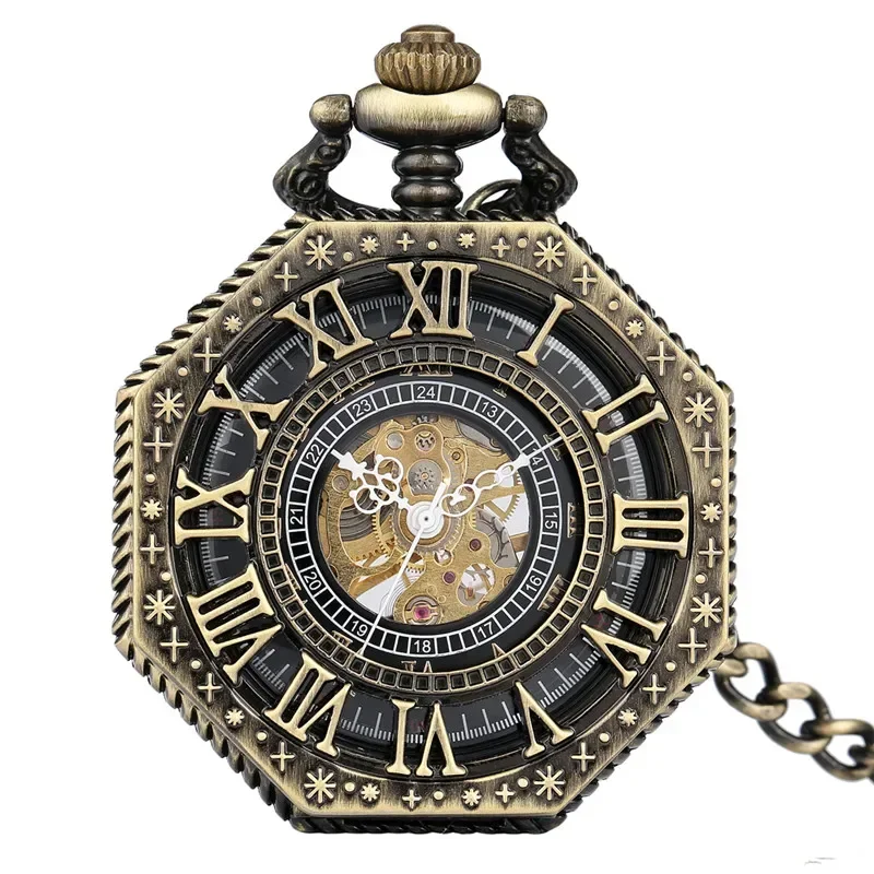 Bronze Hollow Octagon Design Men Women Skeleton Handwinding Mechanical Pocket Watch Roman Number Clock Pendant Chain Gift