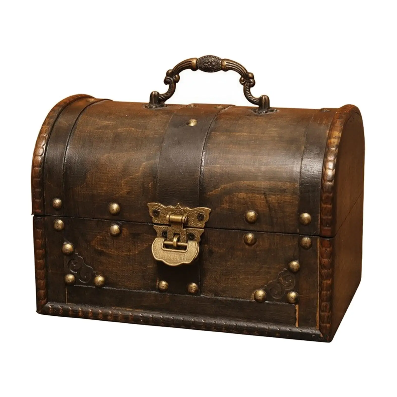 Retro Wooden Storage Chest Jewelry Box Organizer with Metal Trim Vintage Antique Keepsake Container for Tabletop Decor