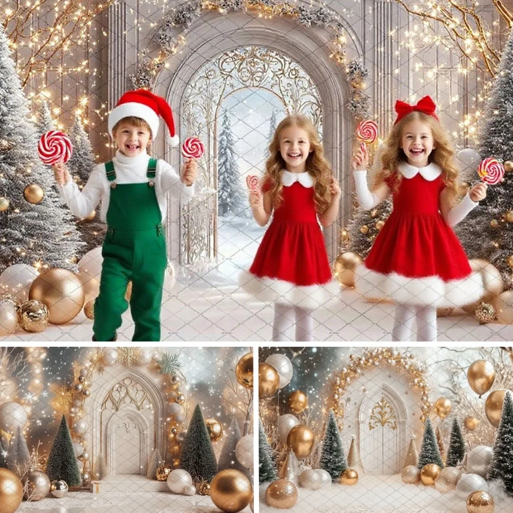 

White Christmas Palace Photography Background Snowy Xmas Tree Golden Balloon Backdrop Winter Family Portrait Photo Studio Props