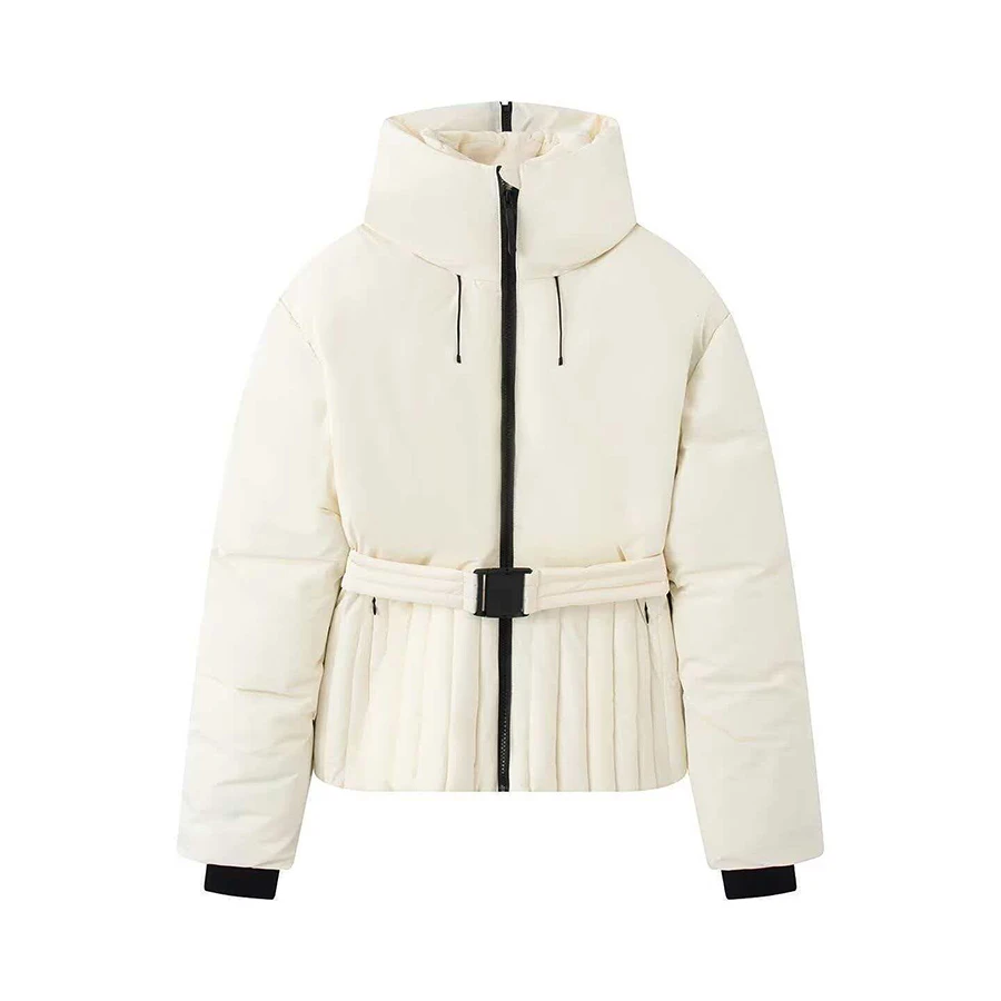 Winter Women Warm Cotton Coat With Belt New Hooded Sports Coat Outdoor Skiwear Thick Lady Chic Windproof Jacket Slimming Fit