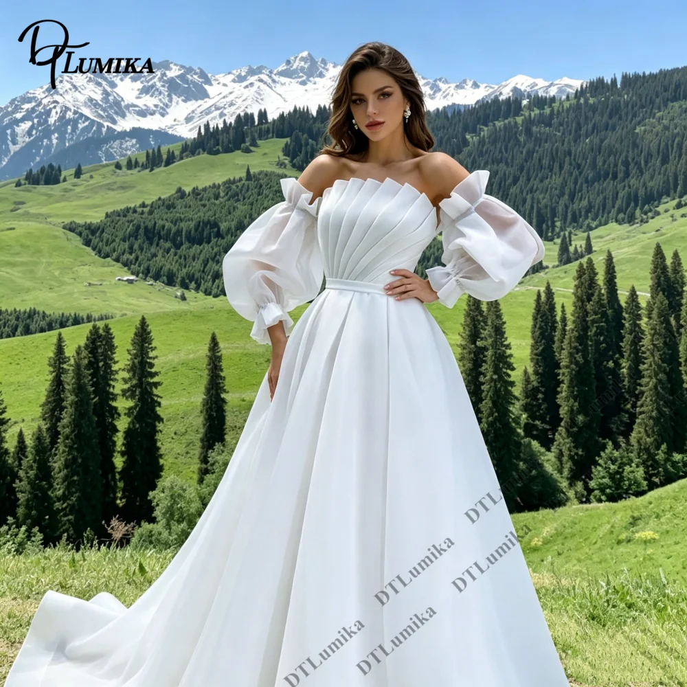 DTLumika Tailored Fit Simple Organza Wedding Dress Off-the-Shoulder Sleeves Ball Gown Bride Dresses Urban Chic Bride Dress