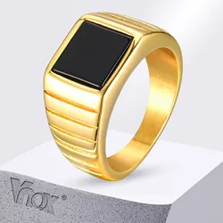 Vnox 10mm Signet Ring for Men Women, Black Square Onyx Top Ring,Gold Plated Unisex Stainless Steel Finger Band Statement Jewelry