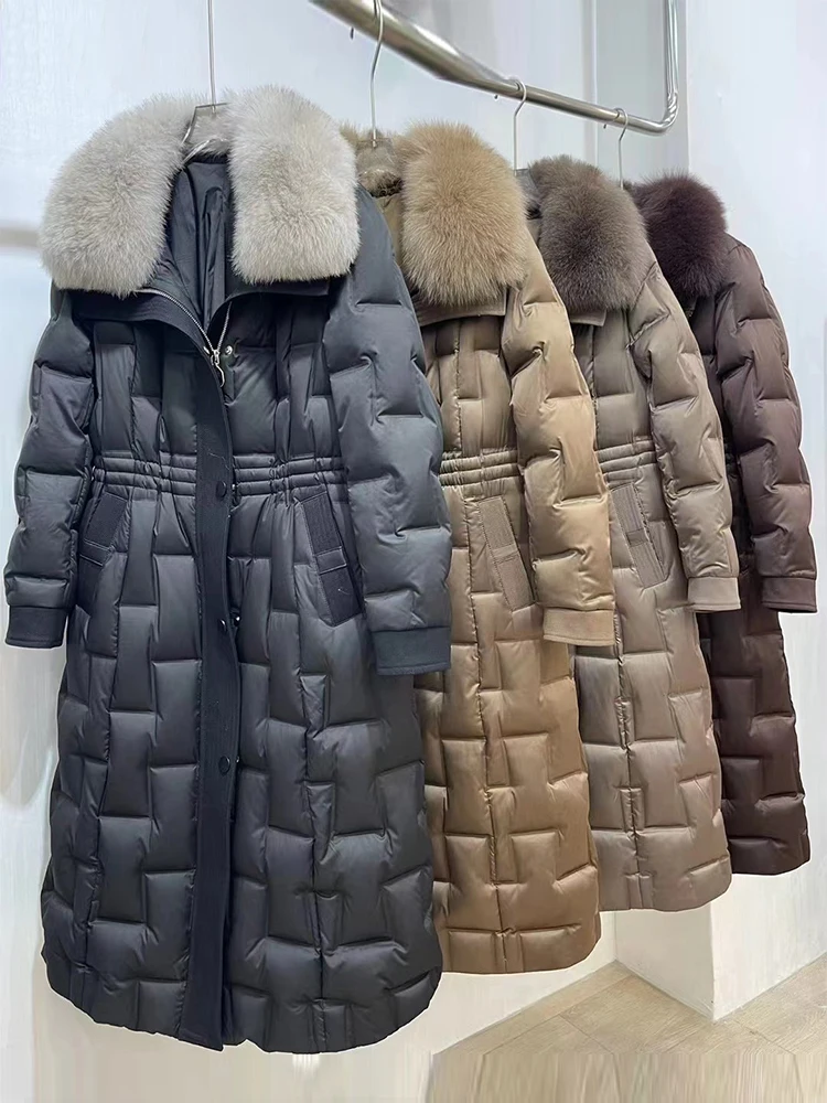 Mumaroho 2024 Autumn Winter Women Warm 90% White Duck Down Coat Fox Fur Parkas Jacket Feather Long Puffer Coat For Women