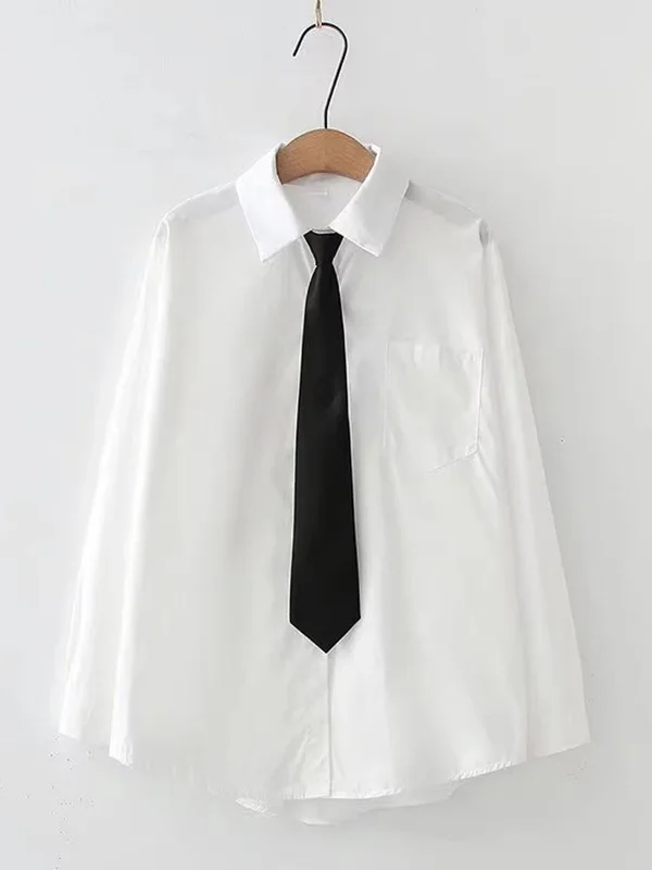 

White Long Sleeve Women's Casual Shirt Inner Wear Base Layer Loose Top Design Sense College Style Tie Polyester Spring ...