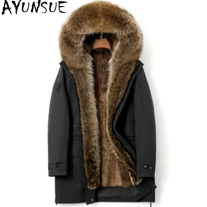 AYUNSUE Men's Parka Detachable Golden Mink Liner Fur Coat Mid-length Real Fur Jackets Mens Overcoat Raccoon Fur Collar Parkas