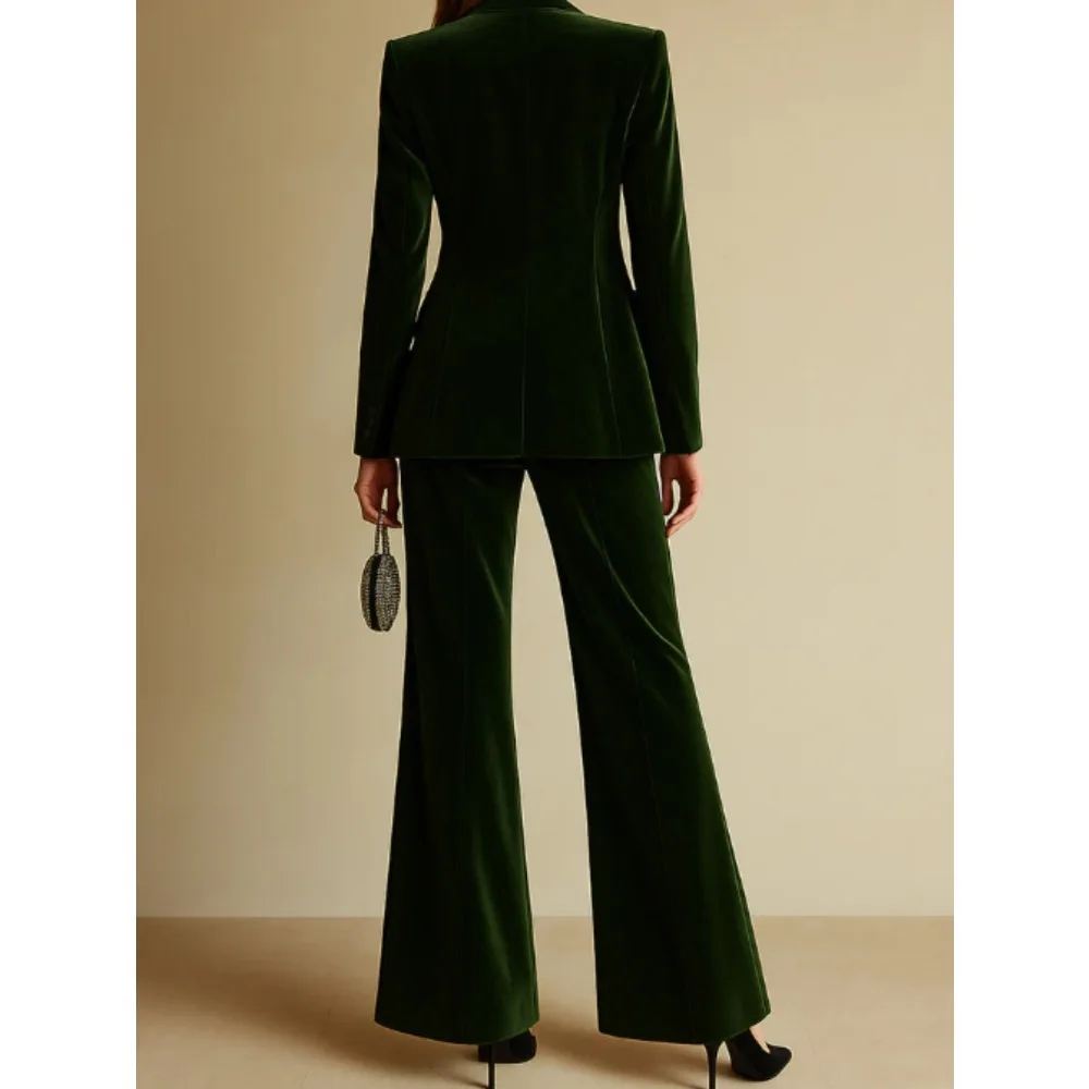 Elegant women's dark green velvet suit with wide-leg pants two-piece set, featuring luxurious texture, a figure-flattering and s