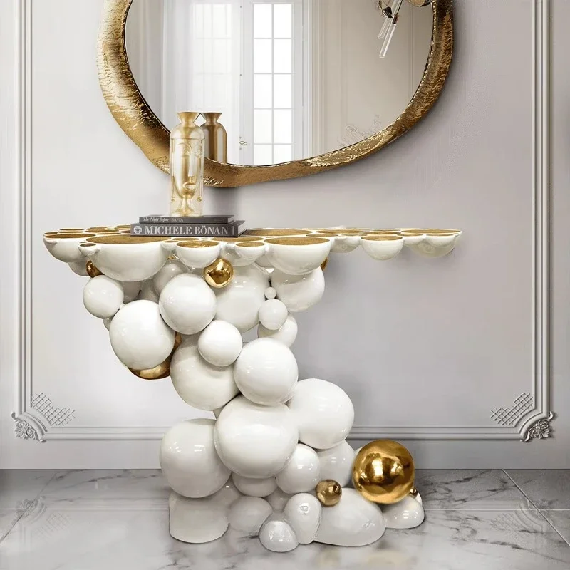 Custom Design Modern Luxury Stainless Steel Metallic White and Gold Console Table with Mirrored Entrance