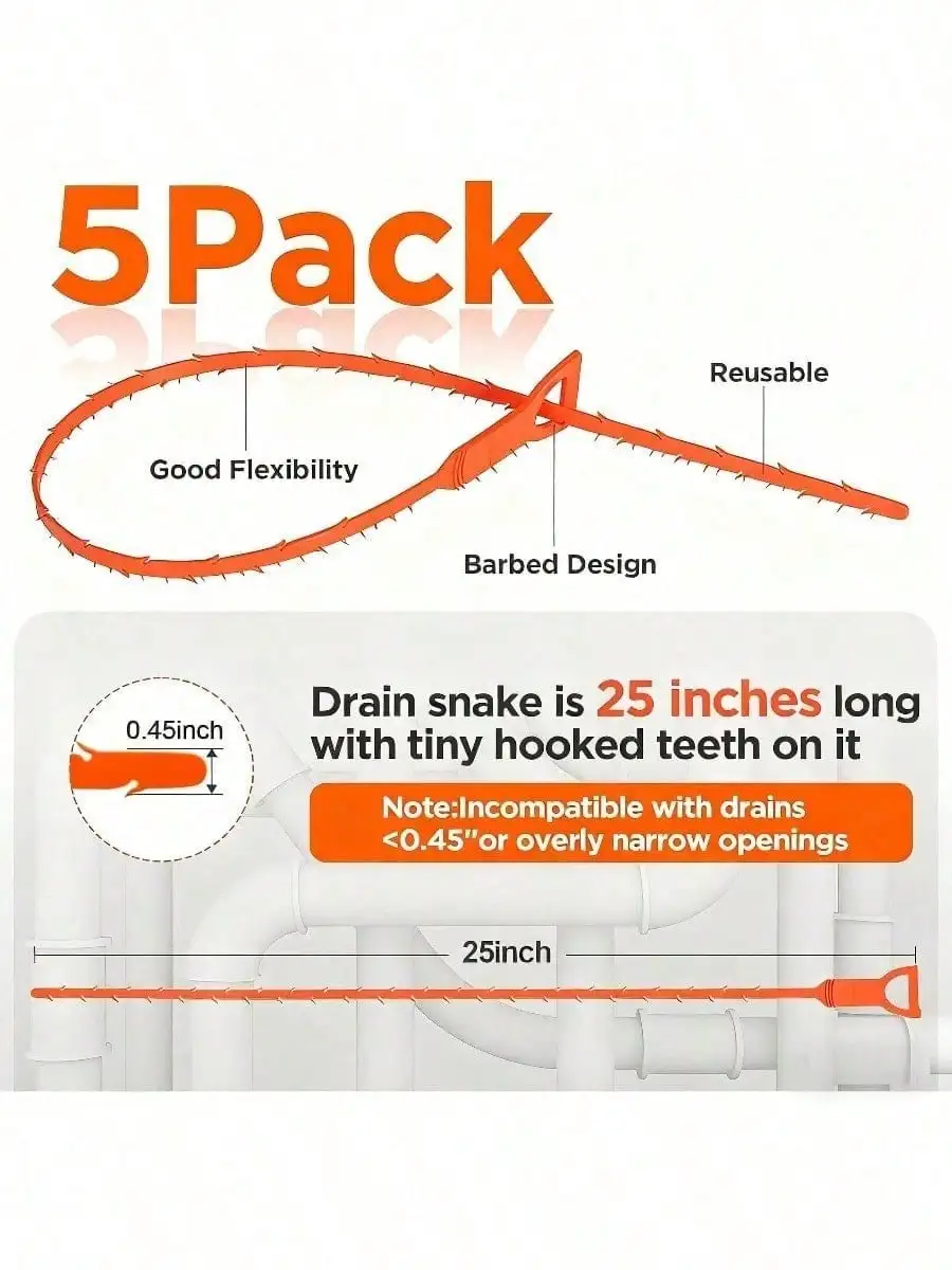 5 Pcs Drain Snake Set, Unclogs Hair in Sink & Shower. 65cm, Reusable, Heavy Duty Tools