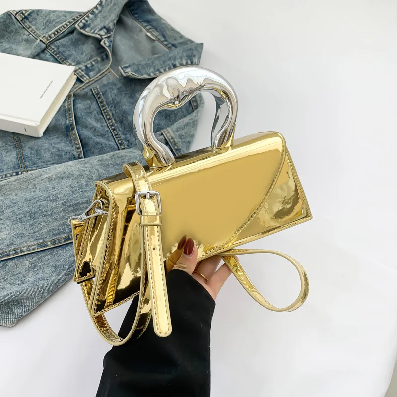 Glossy Patent Leather Shoulder Bag For Women Luxury Silver Bag Small Handbag 2024 Summer Versatile Crossbody Phone Bag Gold