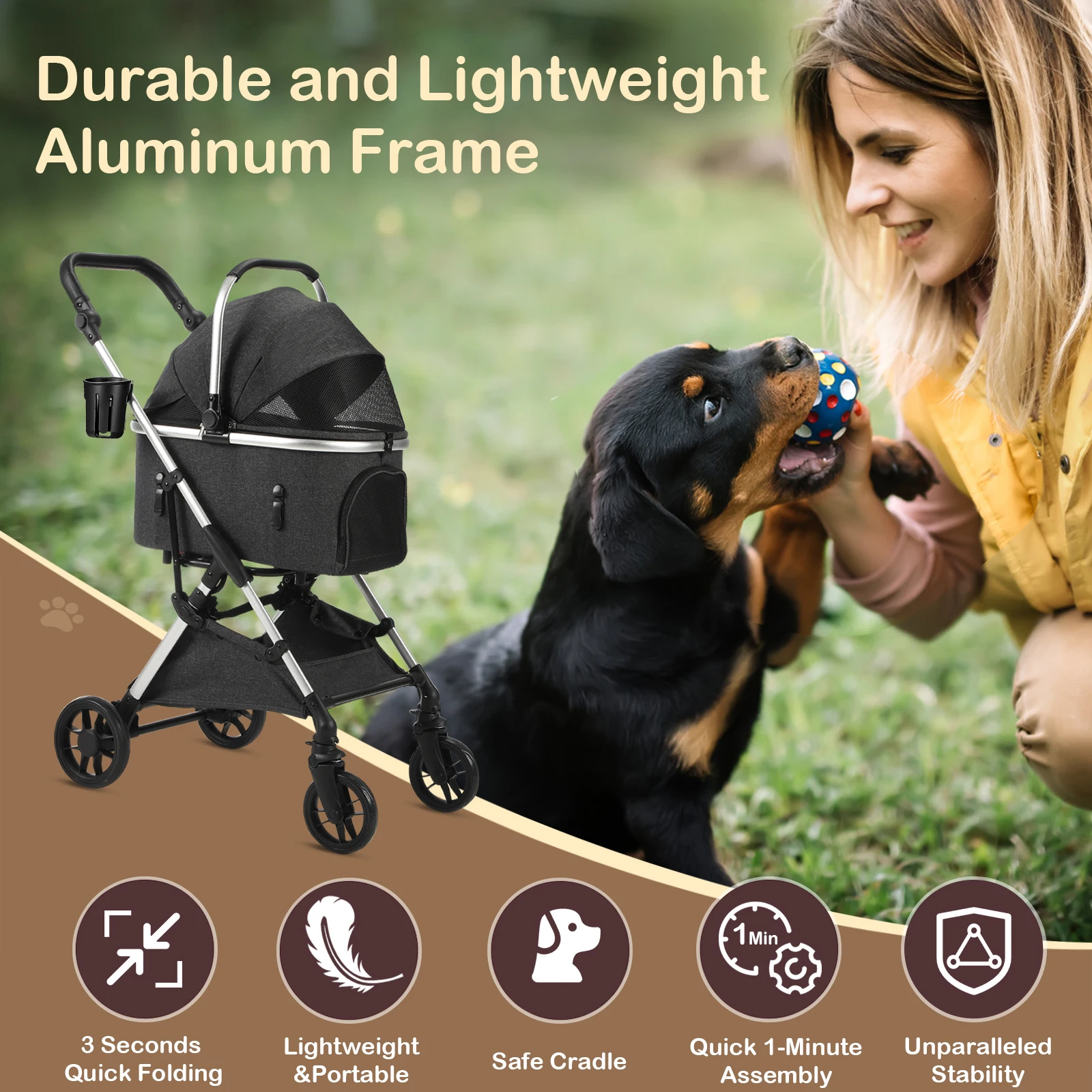 Faltbarer Kinderwagen mit Abdeckung, 4-Rad-Haustier-Kinderwagen für kleine/mittlere Hunde und Katzen mit Aufbewahrungskorb und Getränkehalter – Detail 8