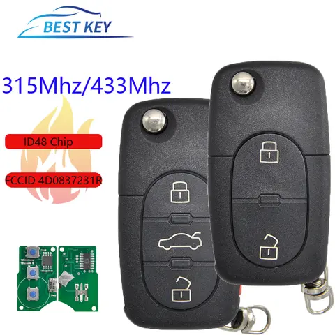 BEST KEY Smart Remote Car Key For Audi A3 A4 A6 A8 B6 ID48 Chip 433 Mhz FCCID 4D0837231R Auto Smart Remote Control Replace Key