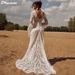 DREAM Customized V Neck Flare Sleeves Lace Wedding Dresses for Women Long Bride Dress Backless Vintage Outfit Bridal Gowns 2026