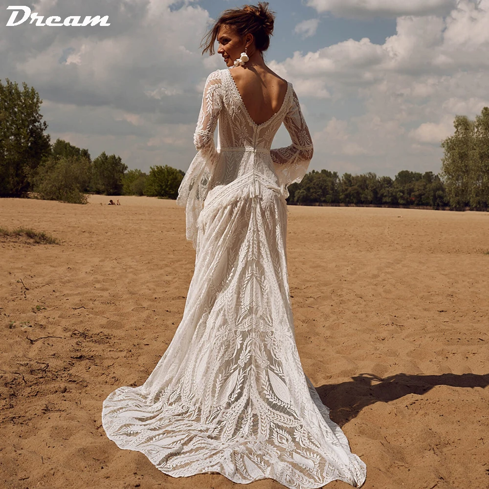 DREAM V Neck Flare Sleeves Lace Wedding Dresses for Women  Long Ruffles Tassels Bride Dress Backless Vintage Outfit Bridal Gown