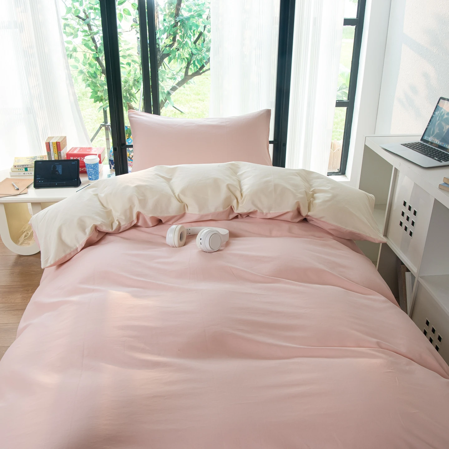100% Cotton Bedding Set Minimalism Solid color, 3pcs Set Single Size for Back to School Season for Student Dormitory Decoration