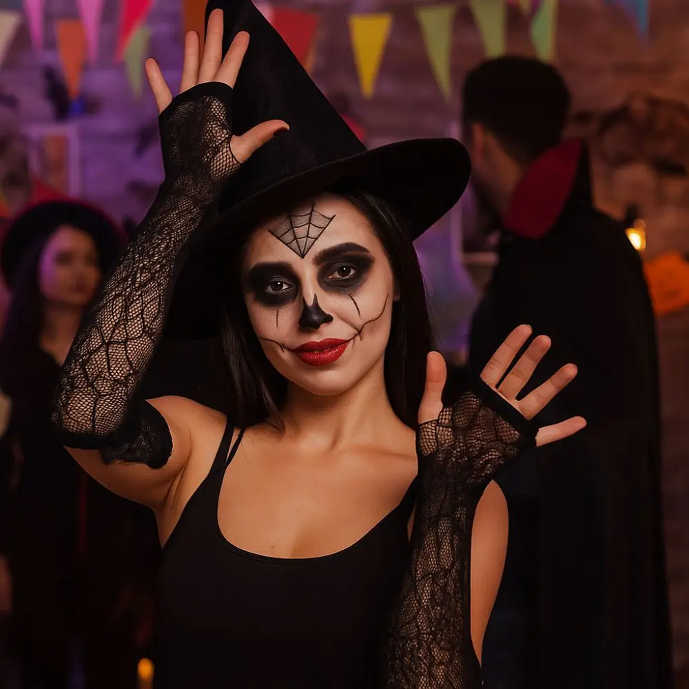 قفازات فاسق قفازات شبكة العنكبوت السوداء طويلة الأكمام تنفس نصف اصبع قفازات شبكة بسط قفازات شبكة صيد السمك هالوين