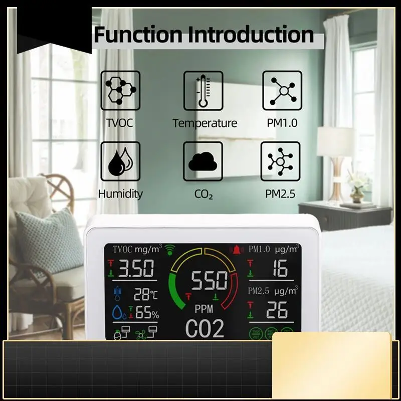 

Tuya Wifi Co2 Sensor 6 In 1 Smart Air Quality Sensor Temperature Humidity Detector Color Screen Display Easy To Use EU Plug-N33R