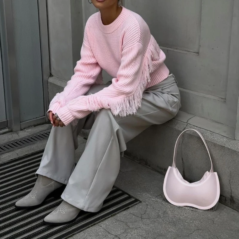 Women O Neck Tassel Elegant Y2K Pink Short Knitted Sweater Women Casual Pullover Autumn Lady Long Sleeve Streetwear  Jumper Punk