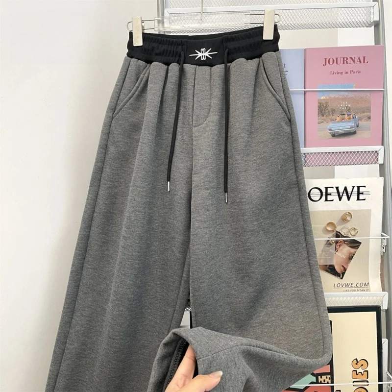 

Thiened Fce спортивные брюки женские зимние танцевальные свободные брюки с высокой талией для похудения прямые широкие спортивные штаны с завязками