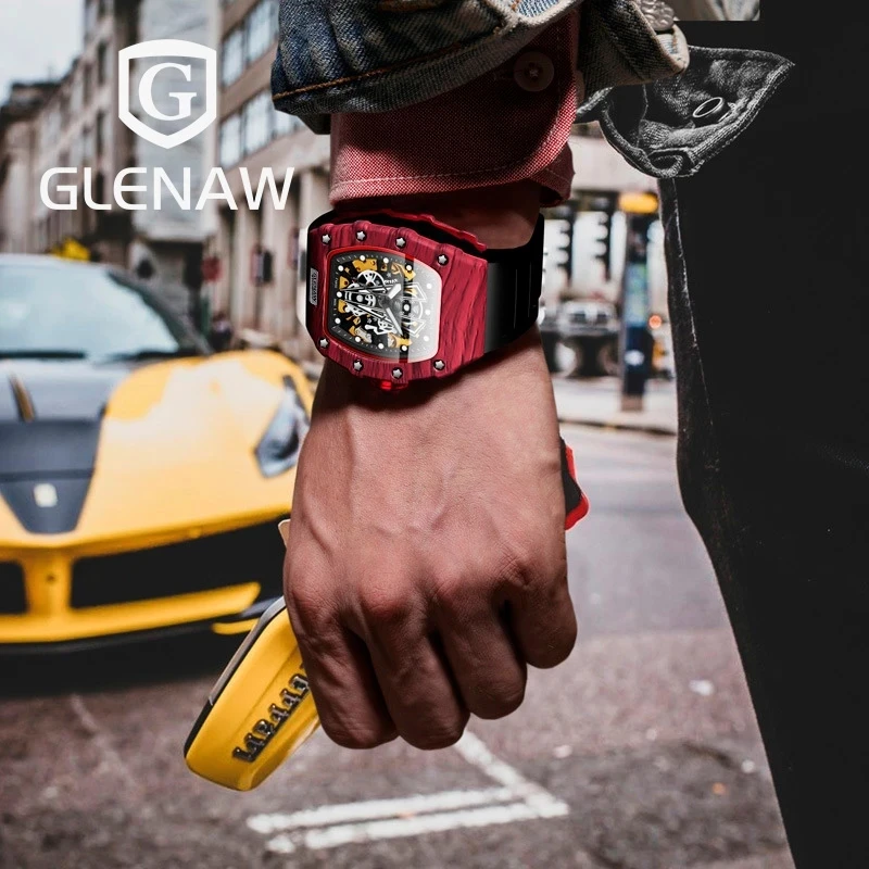 GLENAW Brand Automatic Mechanical Watch Men Casual Sport Rubber Strap Wristwatch Luminous Waterproof Mechanical Watches Relogio