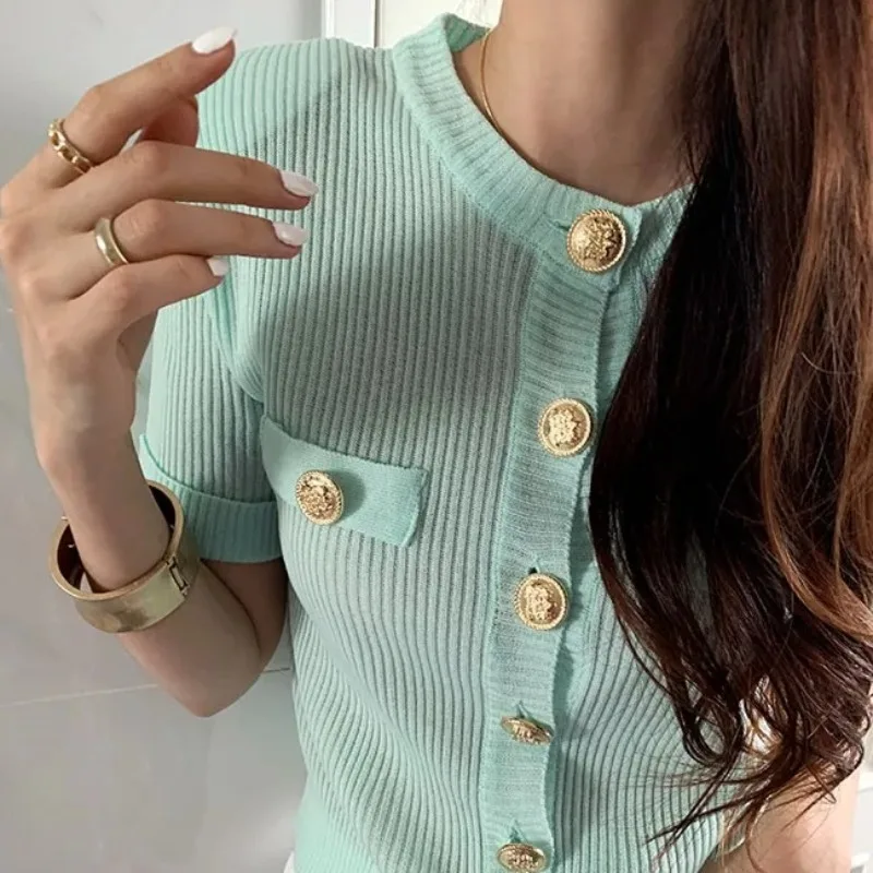 봄 가을 여성용 신상 우아한 라운드넥 반팔 셔츠 심플 패션 싱글 버튼 니트 가디건 코트