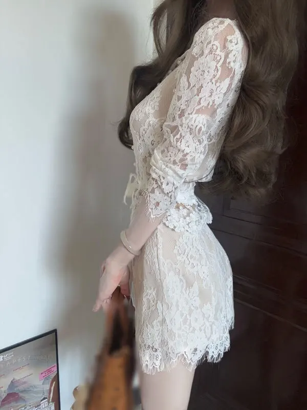 

Elegant Lace Top And Half Skirt Two-Piece Set Spring Fashion Outfit Cotton Blend Long Sleeve V-Neck Midi Skirt Office Wear