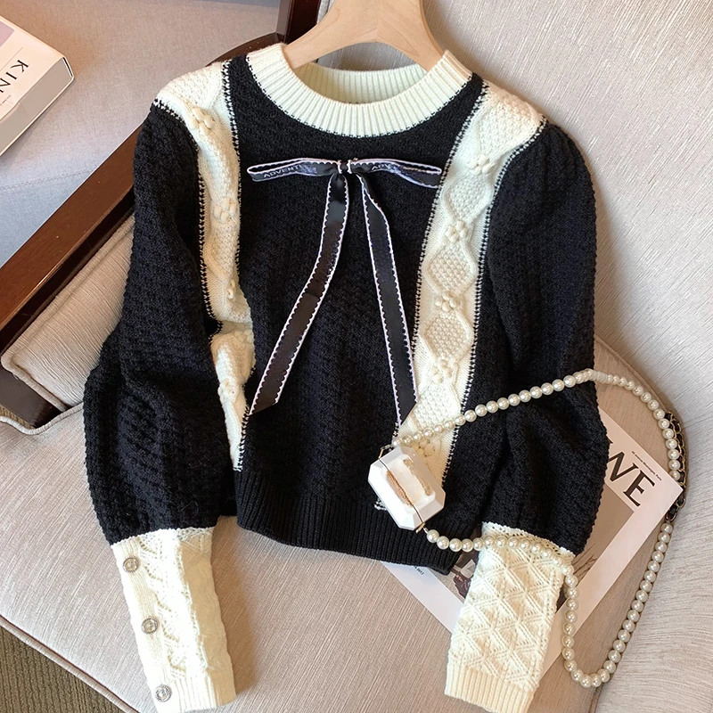 

French style small fragrance color blocked bow knit sweater for women's autumn and winter new high-end pullover sweater