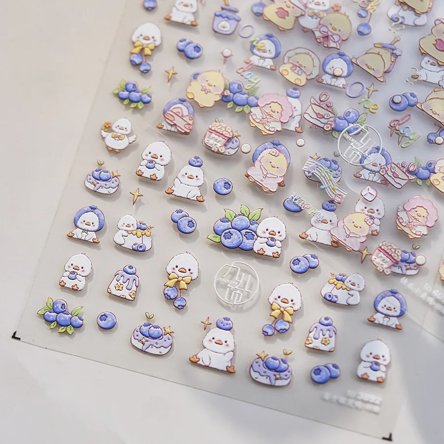 Cute White Yellow Duckling Blueberry Cake High Quality Nail Stickers Design Decoration DIY Manicure T-3892