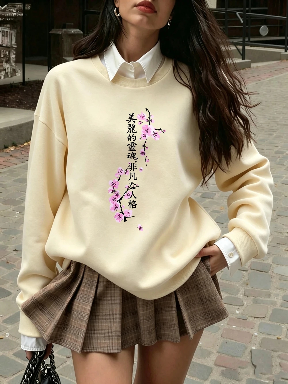 Beautiful Soul Sakura Branches Prints Sweatshirt Damen locker sitzende sportliche Hoodies Fleece warme Pullover mit Rundhalsausschnitt Winterkleidung für Damen – Detail 12