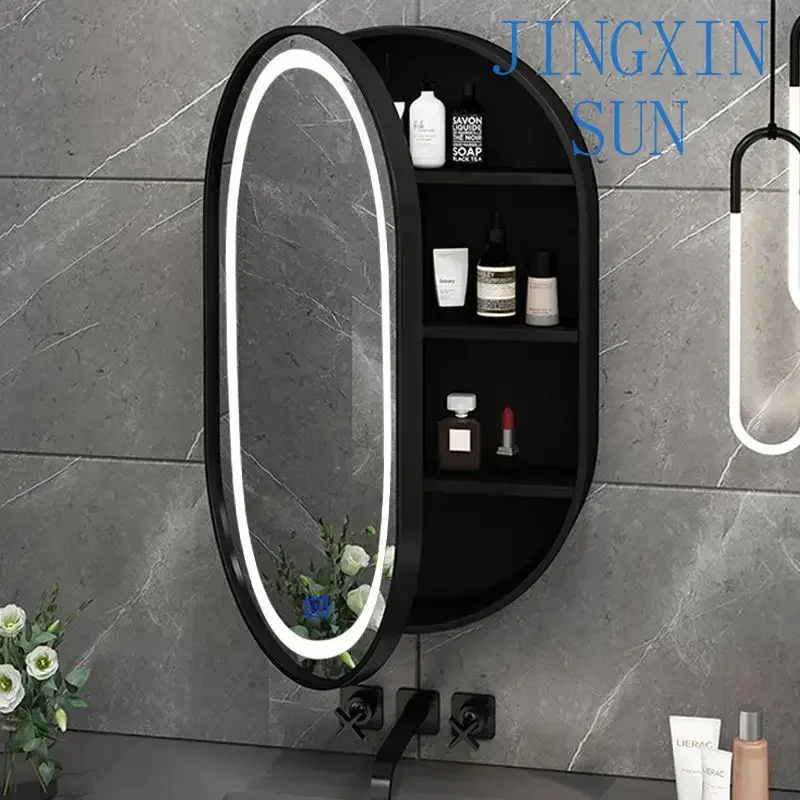Wall-mounted solid wood oval LED smart bathroom mirror storage box cabinet bathroom toilet wall-mounted round mirror with light
