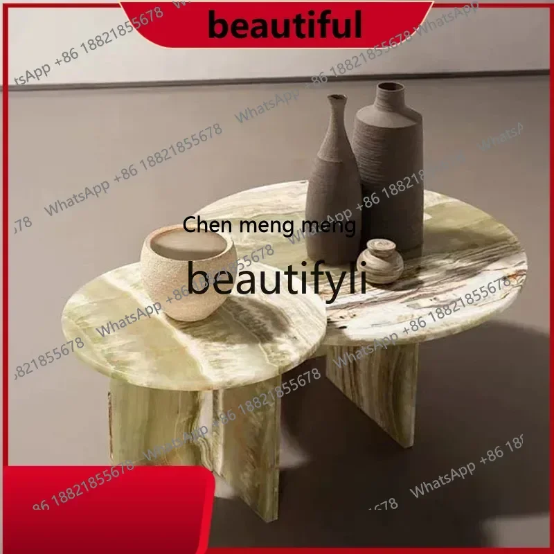 

F Italian light luxury natural pink marble coffee table round edge few crystal jade coffee table combination H