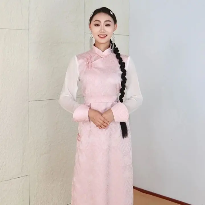 

Summer Thin Gauze Sleeves Women's Mongolian Robe Slim Fit Girls' Mongolia Ethnic Style Long Jacquard Travel Photography Dress