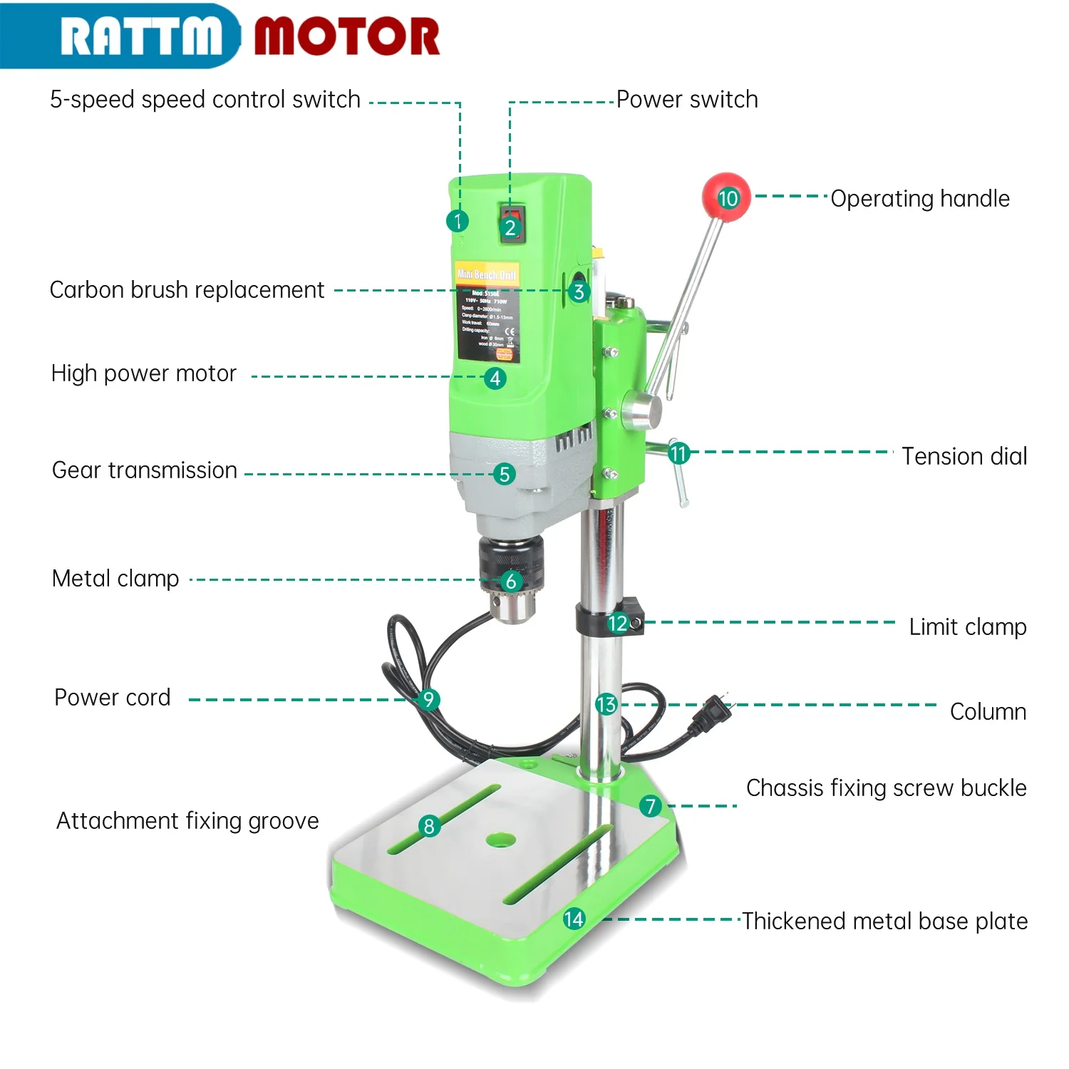 710W 110V/220V BG-5156E Benchtop Drill Press Drilling Machine Strong Power For Mental Wood Milling Cutting CNC Router Machaine