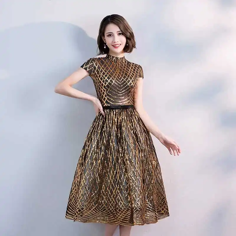 Elegant Gold Sequined Evening Dresses For Wedding Party Tea-length Women Formal Gowns