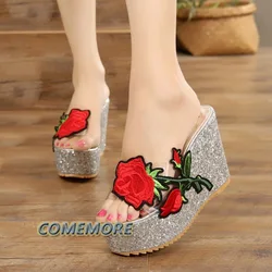 Women Platform Sandals Summer 2024 Wedge High Heel Slippers Outside Casual Shoes Flower Thick Bottom Fashion Classic Round Head