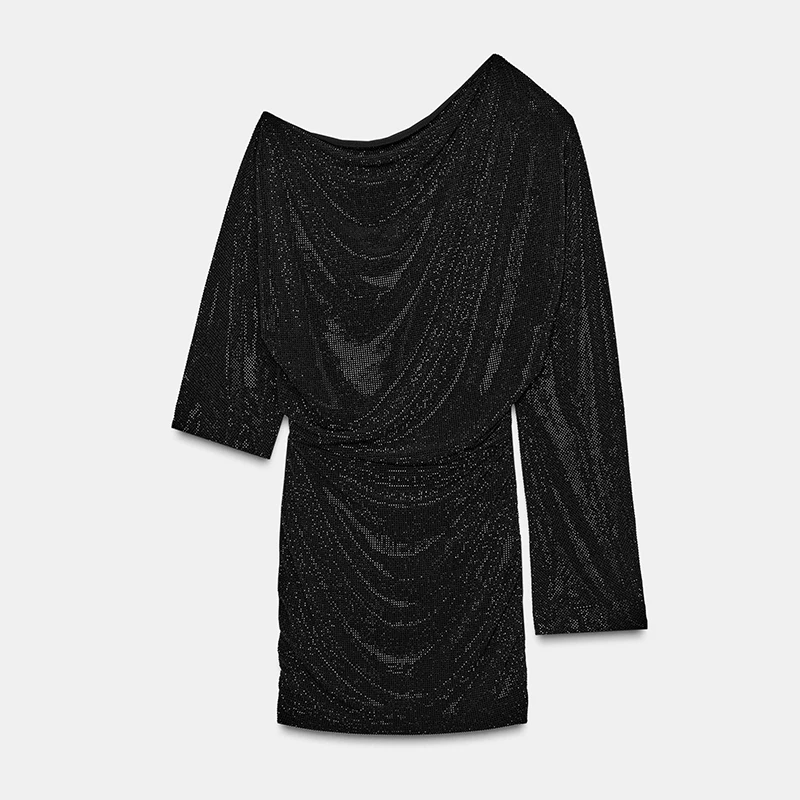 فستان قصير برقبة مائلة لامعة ترتر وأكمام طويلة بقصة ضيقة فساتين سهرة للحفلات والعطلات من فيستدوس 2025 فساتين سهرة جديدة للسيدات #6