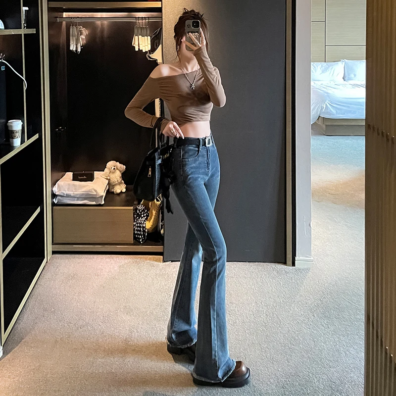 

Retro design raw edge micro-flared high-waisted jeans female spring and autumn hot girl stretch floor-length tight trousers