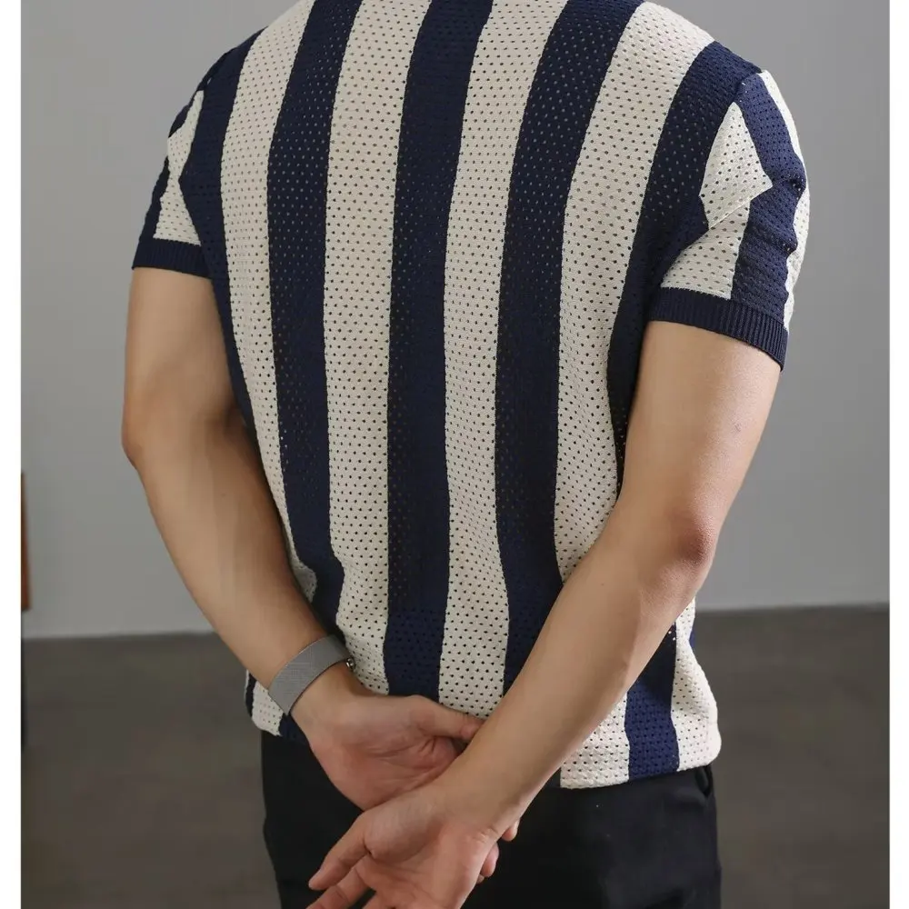 Mens Casual Polo Shirt Ice Silk Knitted Short Sleeve Summer Business Lapel Zipper Breathable Loose Comfort Fashion Tee