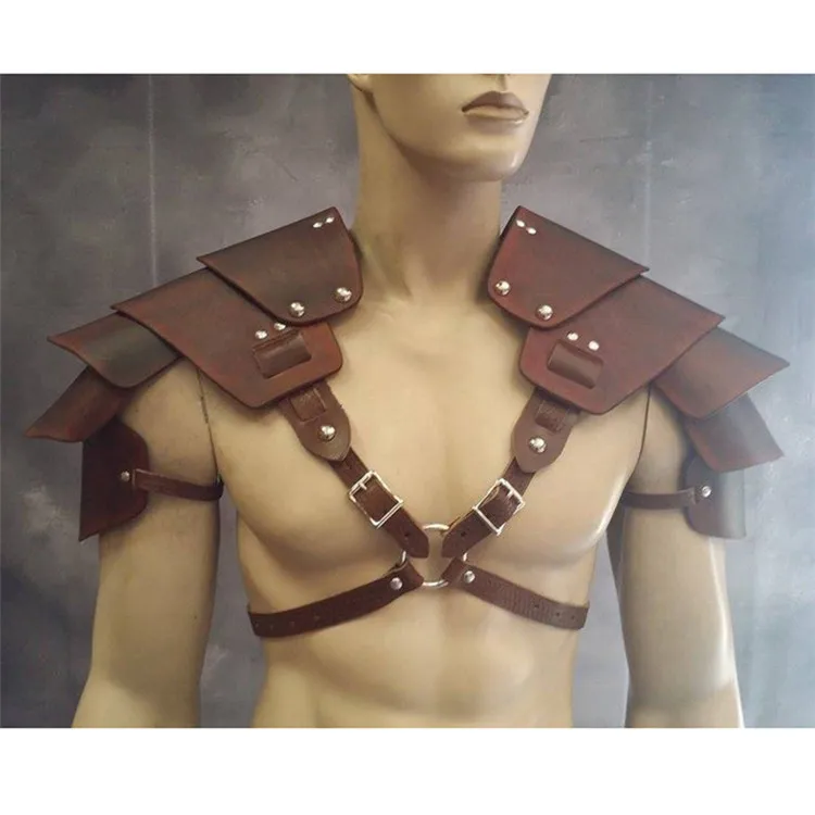 Vintage Gothic Warrior Knight Shoulder Men Medieval Costume Armors Cosplay Accessory PU Leather Harness Body Chest Harness Belt