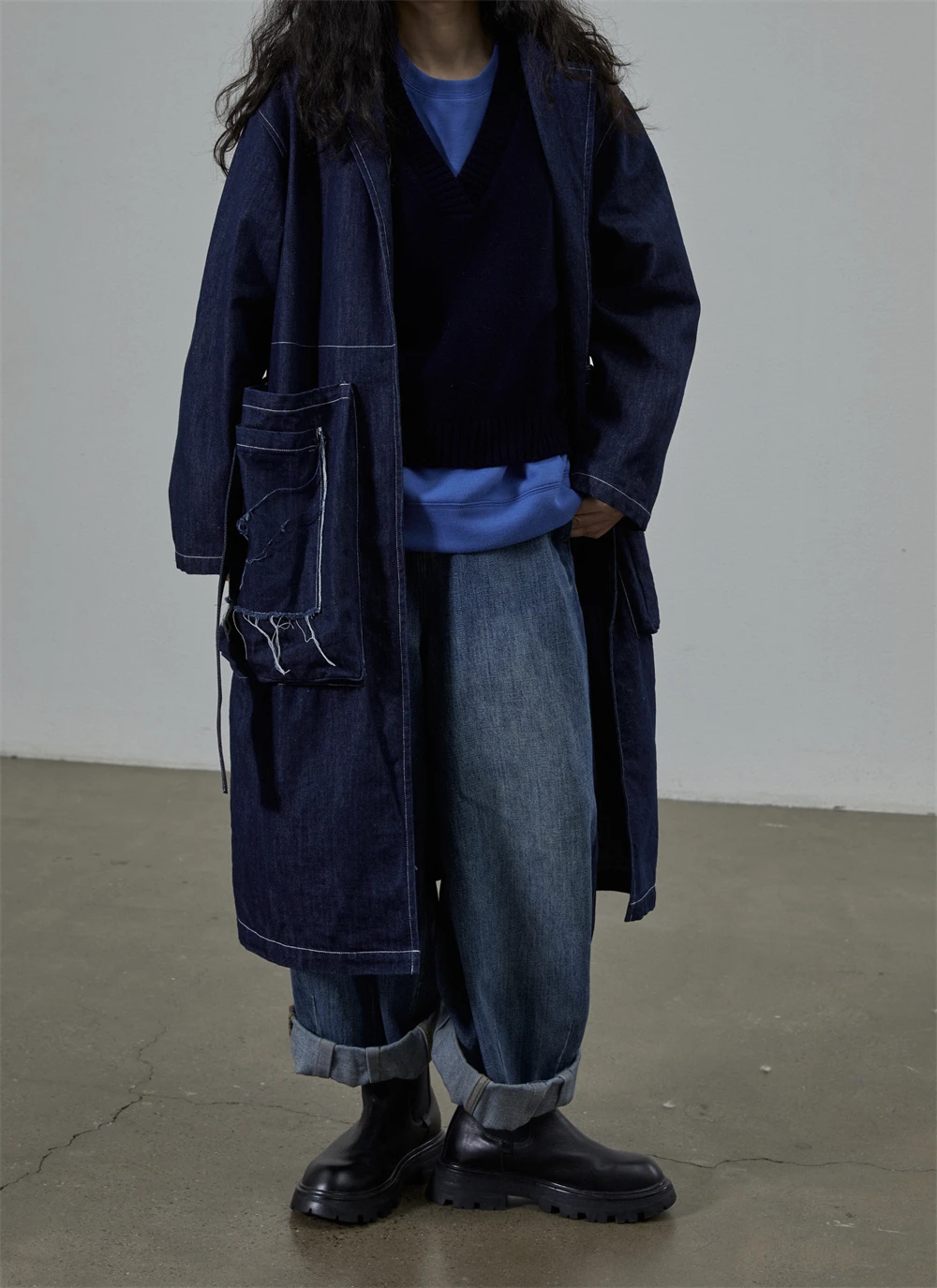 

Tendblank Casual Denim Sle Long Coat Cotton Material High Waist Design Pure Color Commute Pattern Regular Sve Long Jaet