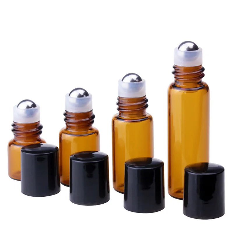 5PCS/Pack Essential Oil Roller Bottles Portable Refillable Liquid Perfume Amber Glass Bottle 1ml 2ml 3ml 5ml 10ml